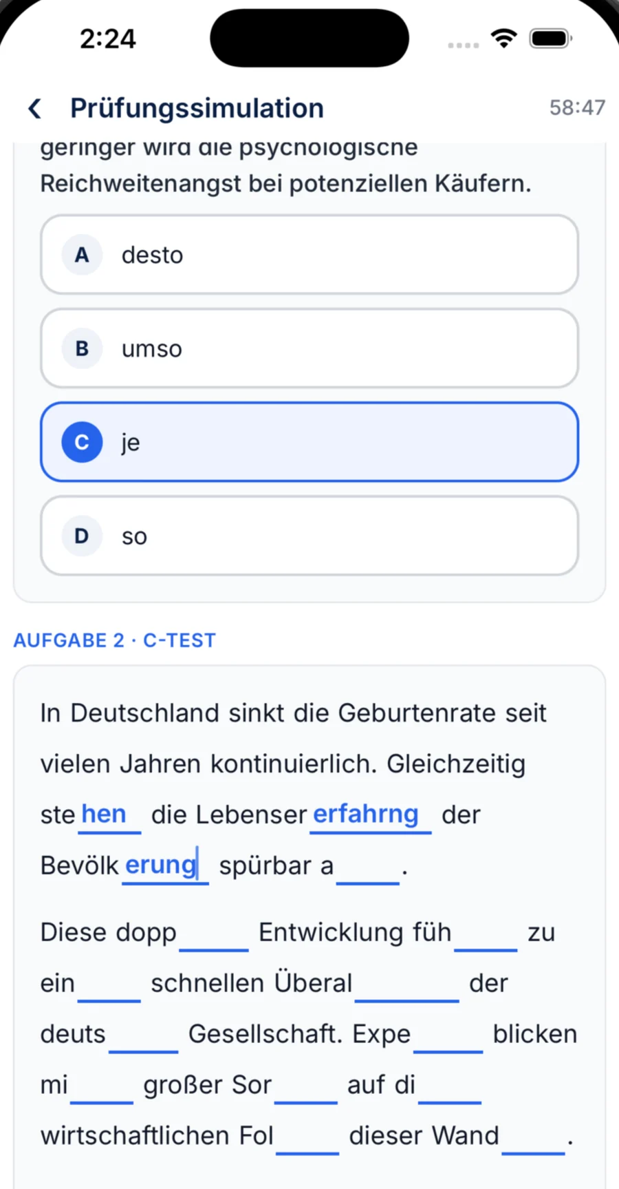 Prüfungssimulation mit Timer, Auswahlaufgabe und C-Test